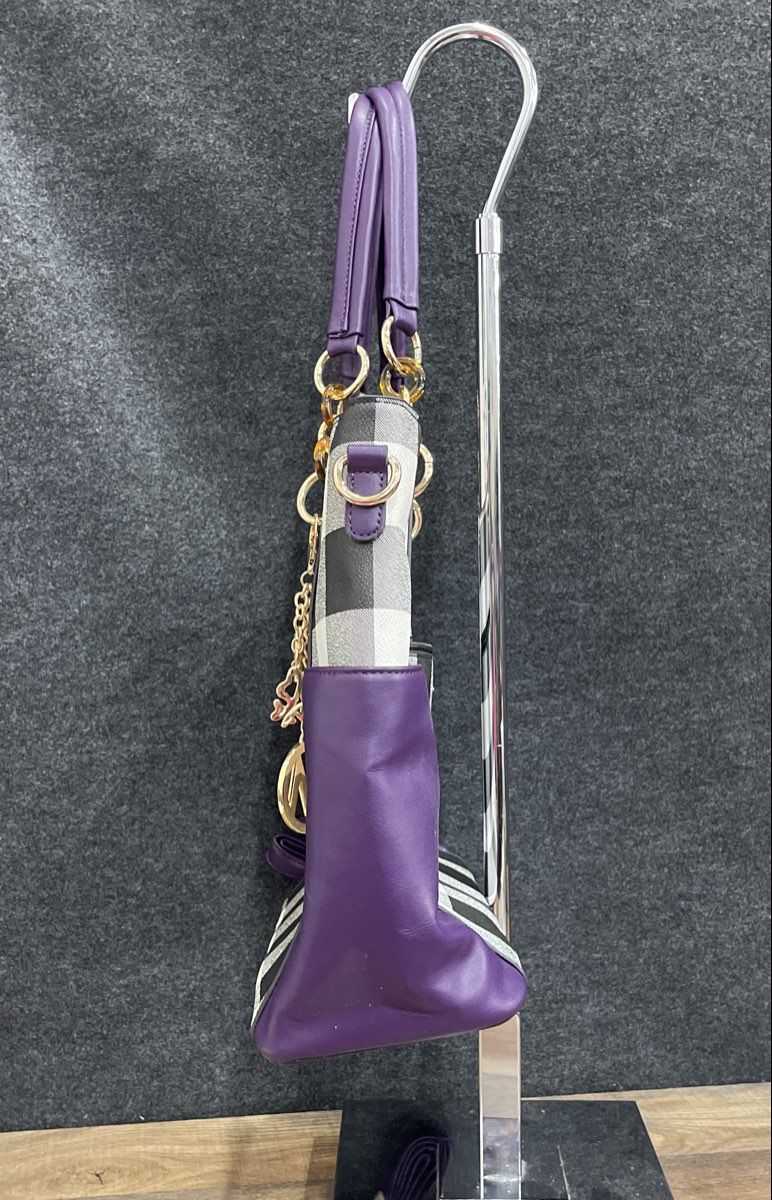Mia K. Collection Purple Checkered Leather Tote Handbag Gold Tone Charm