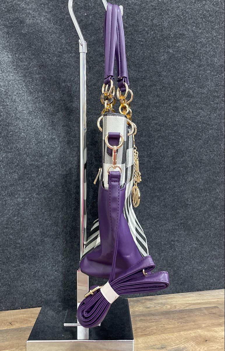 Mia K. Collection Purple Checkered Leather Tote Handbag Gold Tone Charm