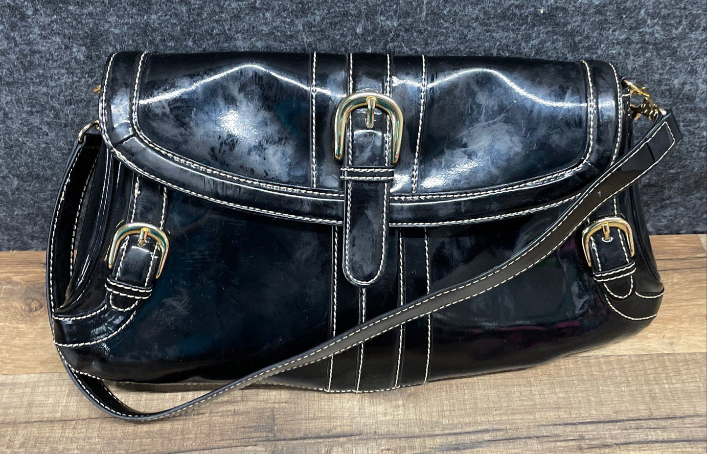 Maxx New York Black Leather Signature Flap Shoulder Bag Gold Leopard Lining