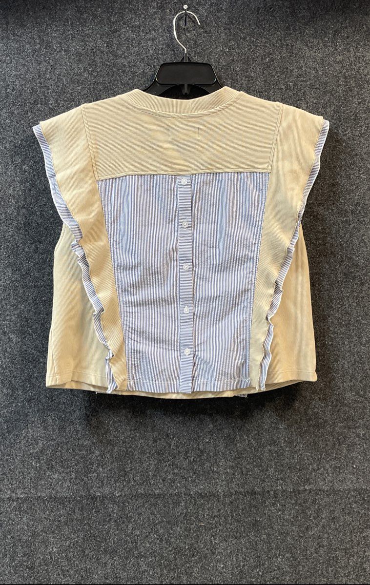 Anthropologie Women's Beige Ruffle Sleeveless Top Pinstripe Button Back Sz L