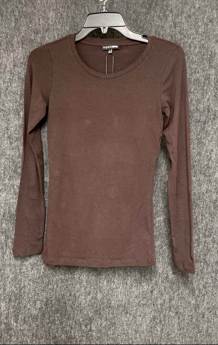 Fashion Nova Women's Julia Long Sleeve Top Brown Ribbed Tee NWT Size M