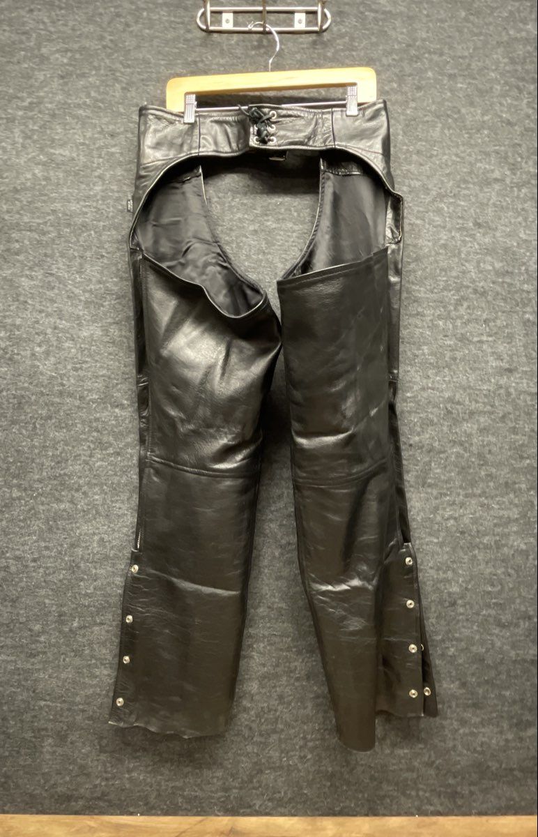 Leather King Men's Black Leather Motorcycle Chaps Belted Zippered Side XL