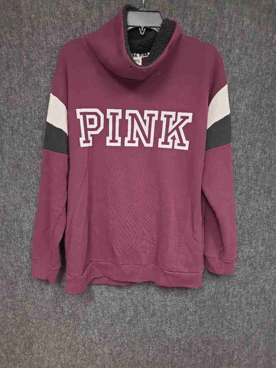Victoria's Secret PINK Women's Maroon Sherpa Funnel Neck Stripe Hoodie Sz S
