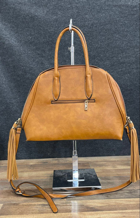 Tan Brown Faux Leather Dome Satchel Bag Large Crossbody Tassels Gold Tone