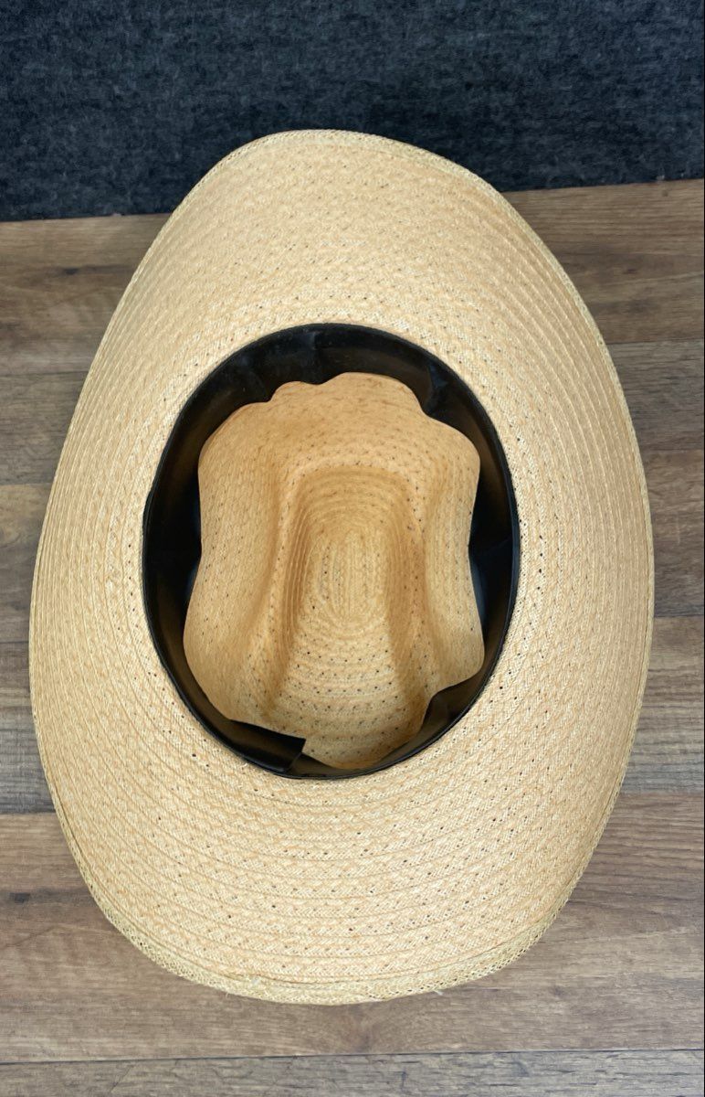 Unisex Tan Woven Straw Western Cowboy Hat Red Black Feather Hatband