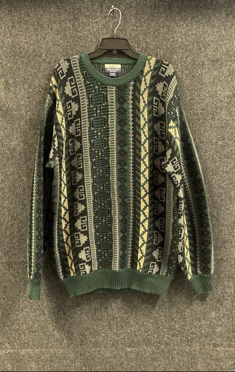 Vintage 90s S.W. Casuals Men's Green Geometric Acrylic Crewneck Sweater Sz LT