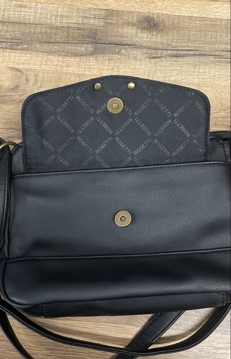 Rosetti Black Faux Leather Pleated Front Flap Crossbody Bag Bronze Hardware