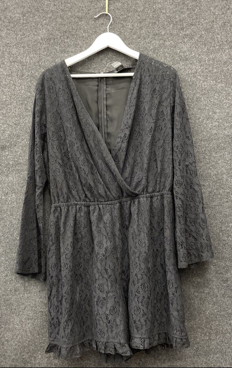 Ashley Stewart Women's Black Lace Surplice Romper Bell Sleeve Ruffle NWT Sz 16