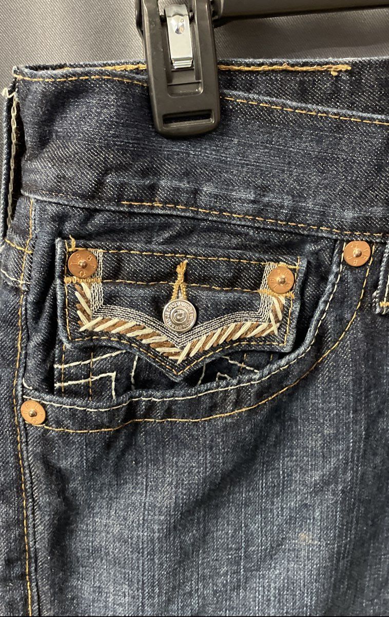 True Religion Men's Blue Slim Fit Embroidered Flap Pocket Denim Jeans Sz 38