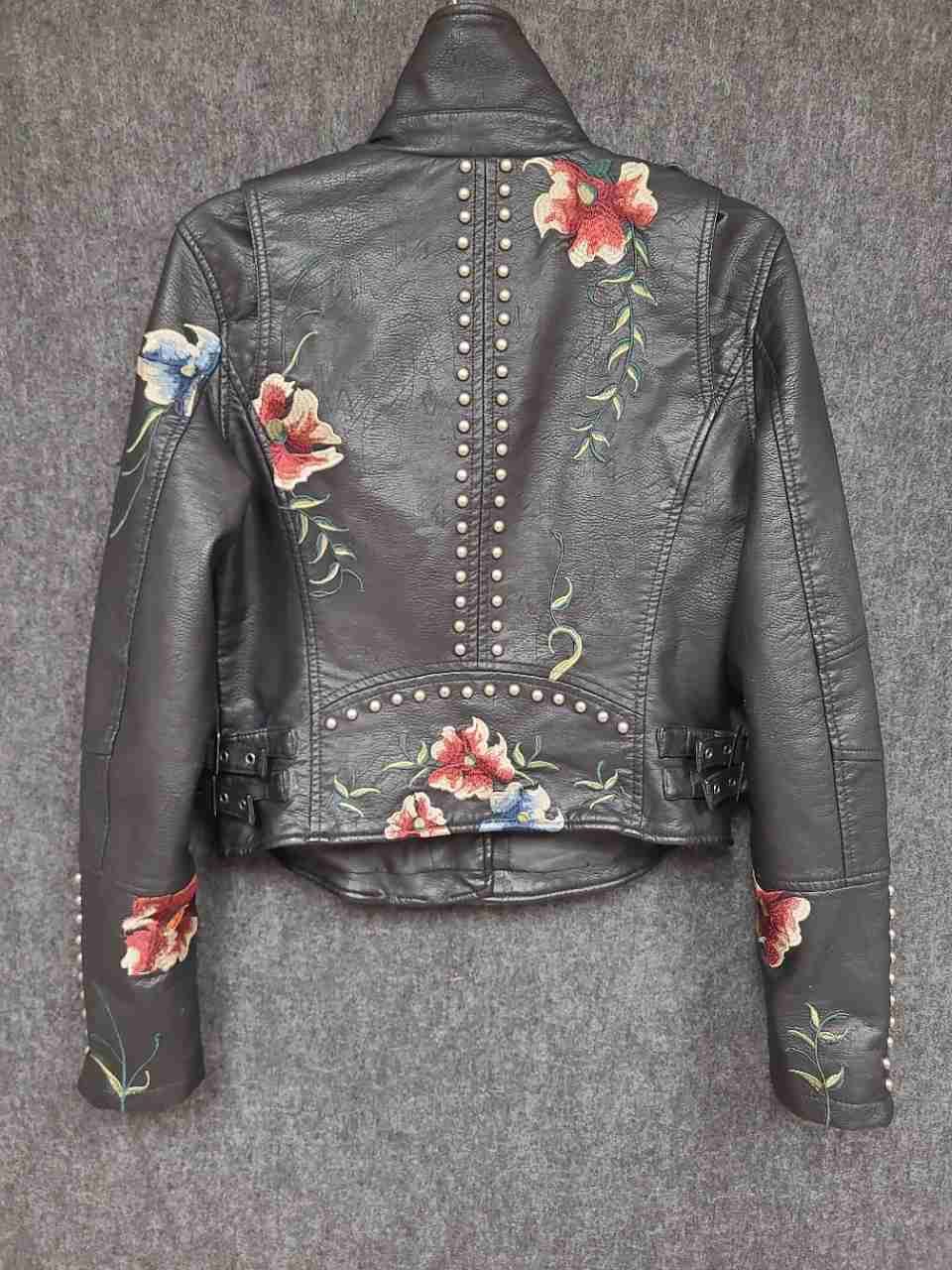 Papillon Women's Black Faux Leather Moto Jacket Floral Embroidered Studded Sz S