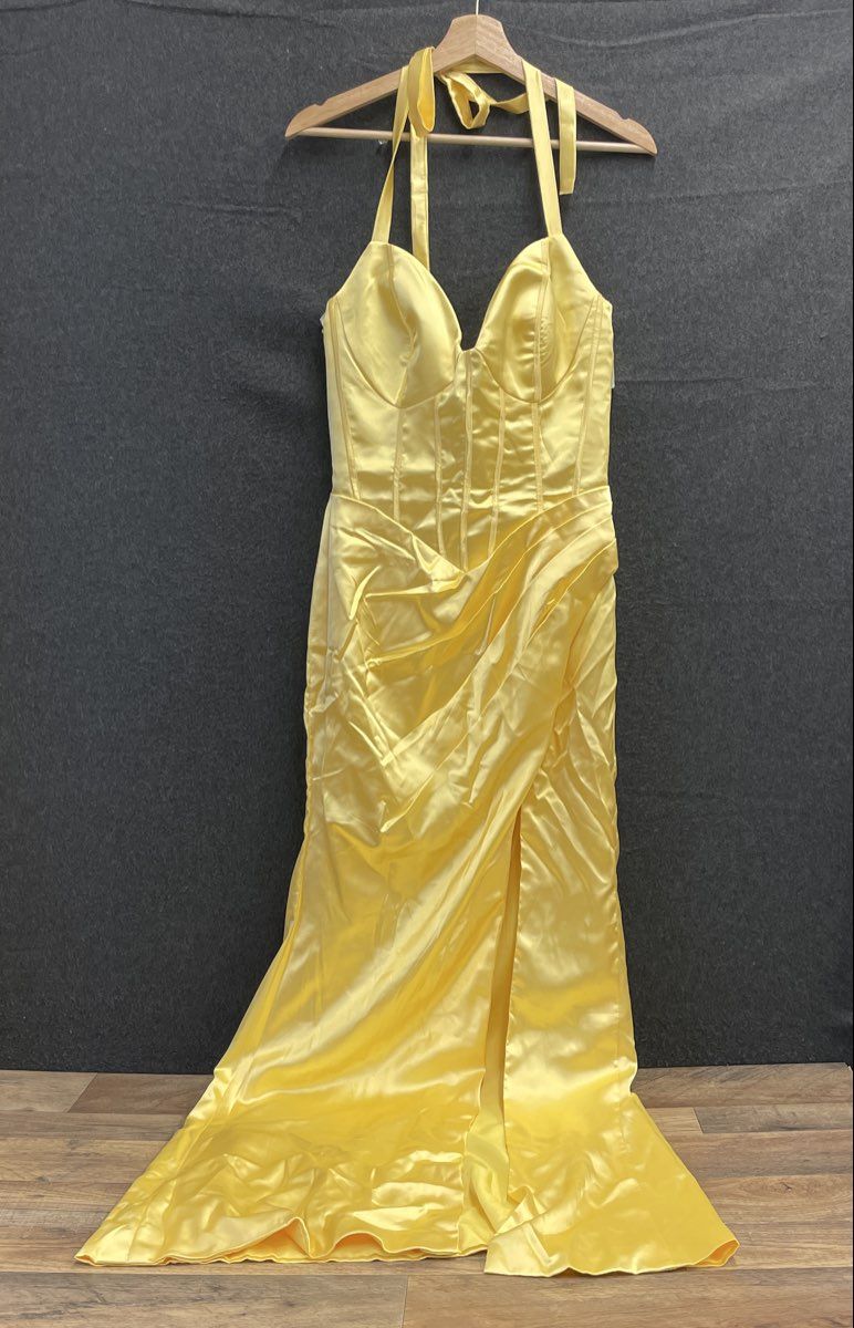 Missacc Women's Yellow Satin Halter Corset Draped Slit Maxi Dress NWT