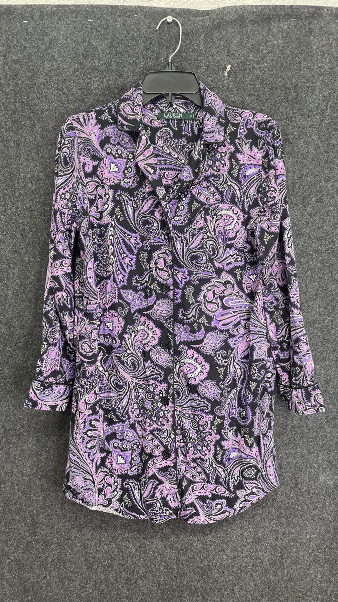 Lauren Ralph Lauren Women's Purple Paisley Pajama Top Button Up Cotton Sz S