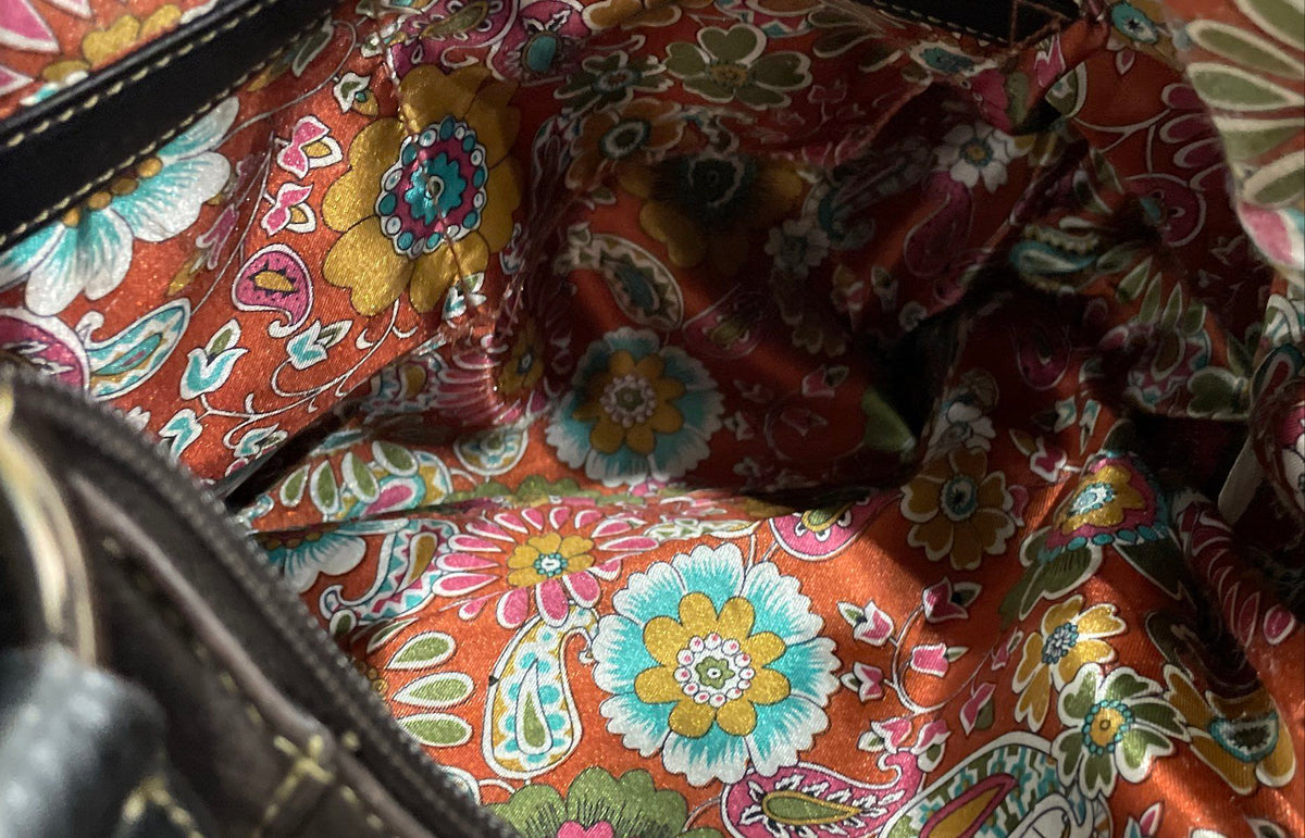Tignanello Dark Brown Leather Hobo Shoulder Bag Floral Lining Silver Hardware