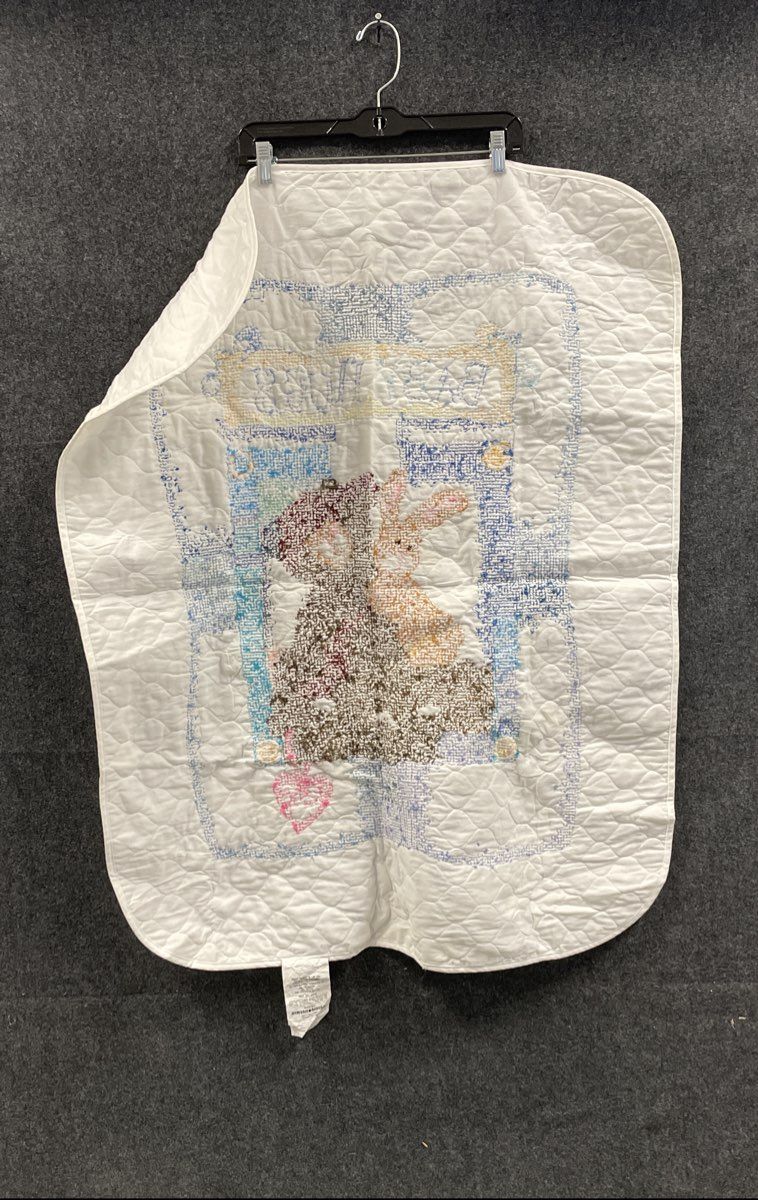 Baby Hugs Cross Stitch Quilted Blanket Teddy Bear Bunny White Vintage Style