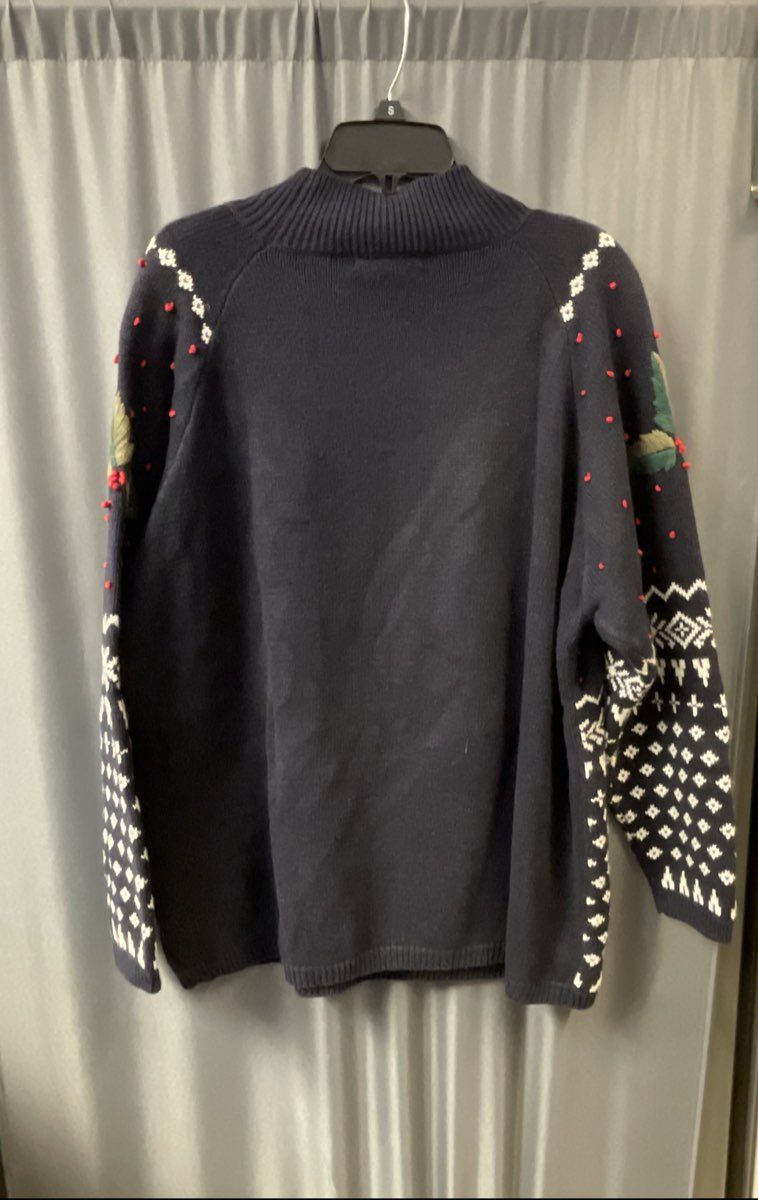 Dressbarn Women's Navy Fair Isle Holly Berry Mock Neck Christmas Sweater 22/24