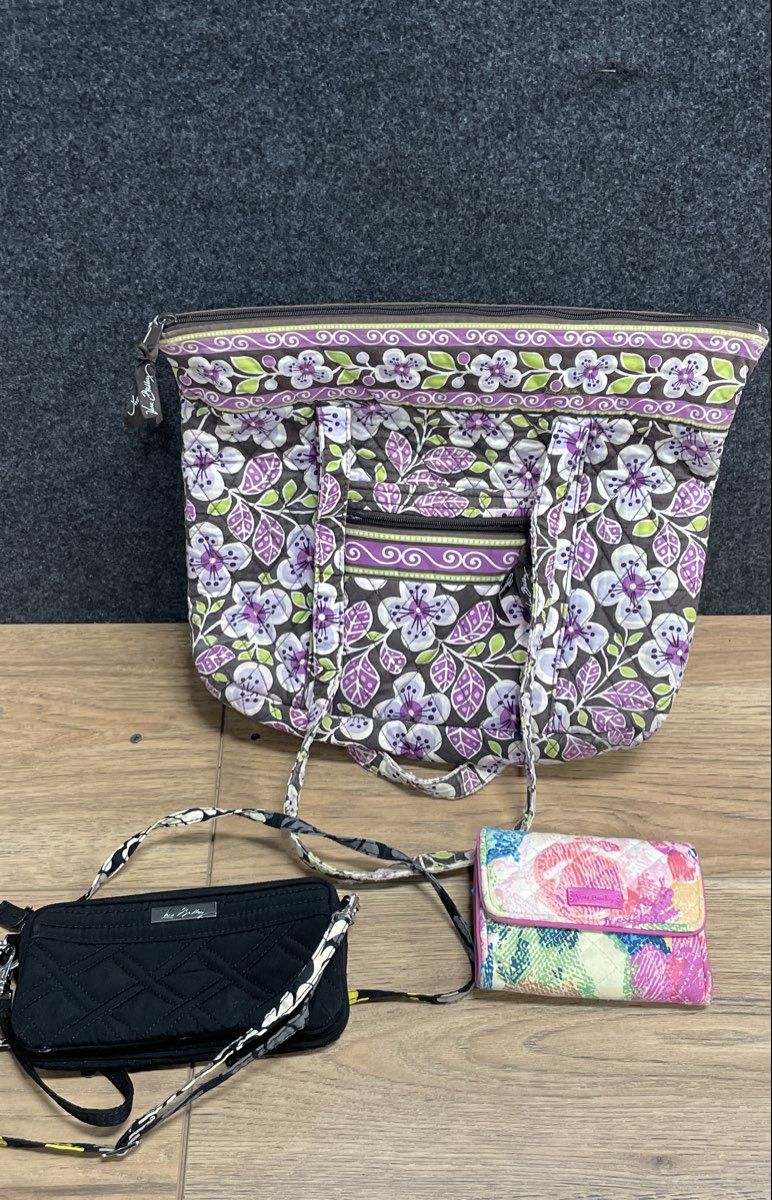 Vera Bradley Quilted Floral Tote Black Crossbody Bag & Wallet Lot of 3 Pieces