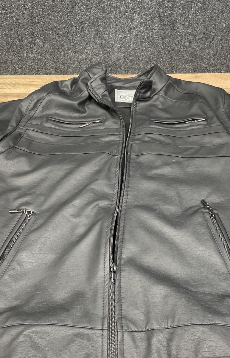 Levitico Men's Black Faux Leather Cafe Racer Full Zip Jacket Fleece Lined Sz L