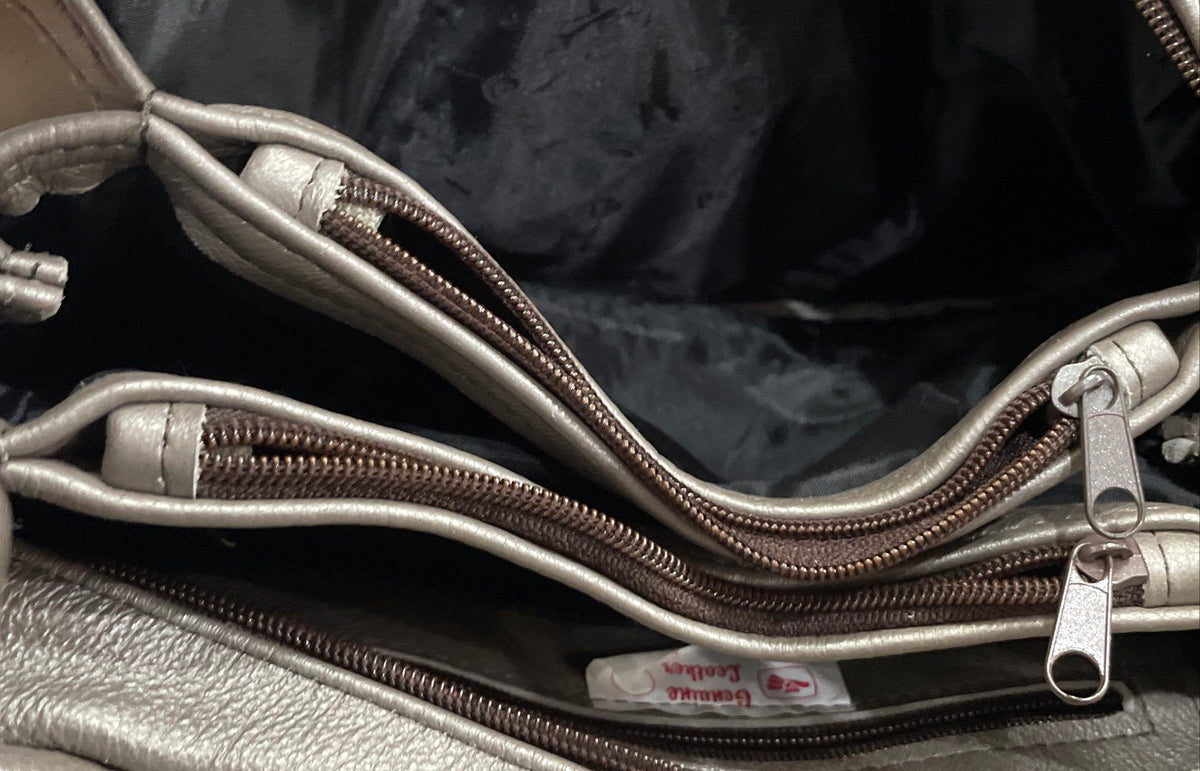 Genuine Grey Pebbled Leather Multi-Compartment Shoulder Bag Triple Zip