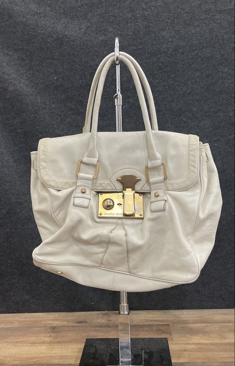 Charles David White Leather Satchel Handbag Large Gold Push Lock Closure