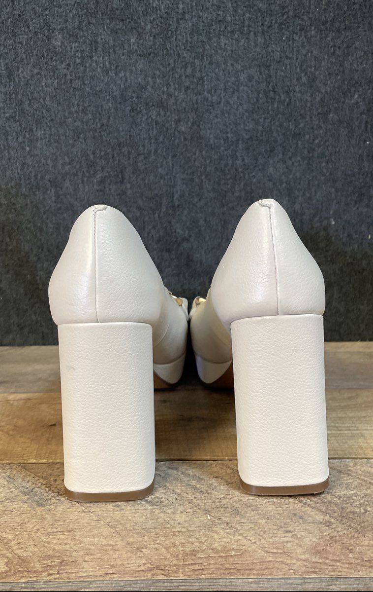 Linea Paolo Cream Leather Square Box Toe Platform Block Heels Size 9.5M