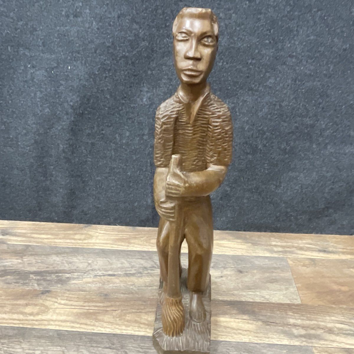 Unsigned Vintage Folk Art Hand Carved Wood Figure Man w/ Broom Statue 17" Tall