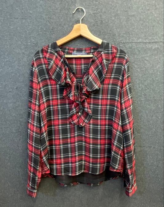Tommy Hilfiger Women's Red Black Plaid Ruffle Tie Neck Semi Sheer Blouse Sz L