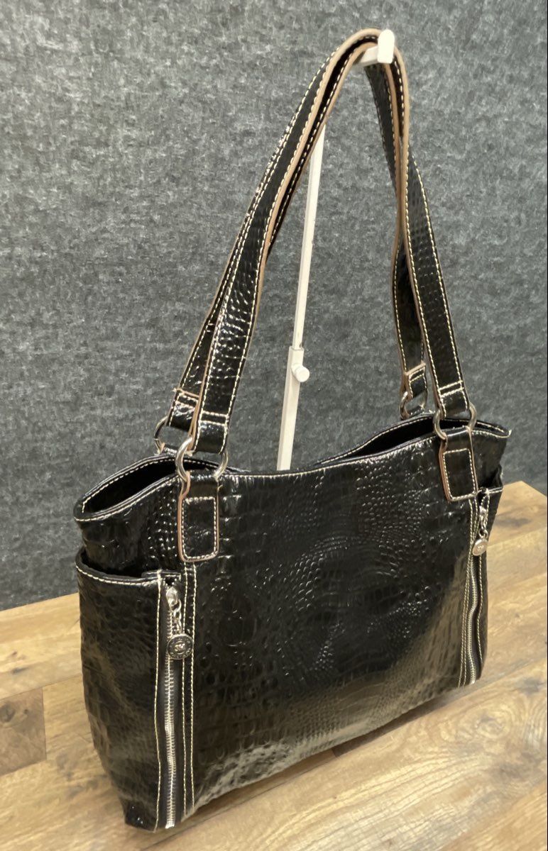 Sag Harbor Black Croc Embossed Faux Leather Tote Shoulder Bag Silver Hardware