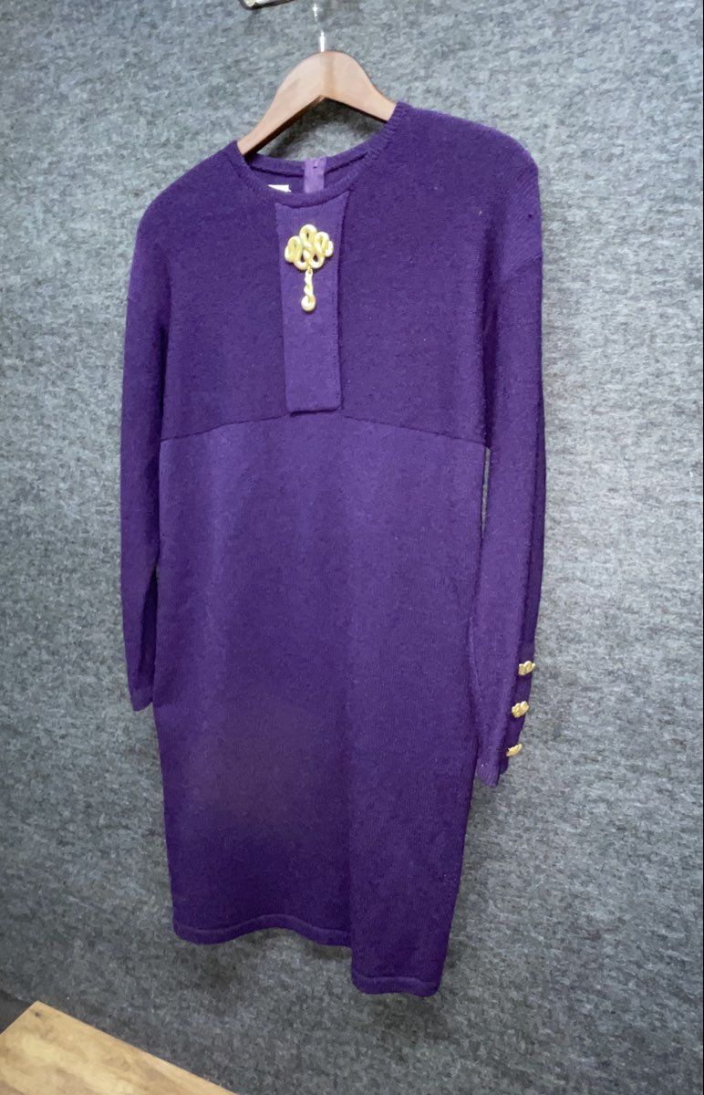 Vintage 90s Steve Fabrikant Women's Purple Knit Tunic Sweater Gold Buttons