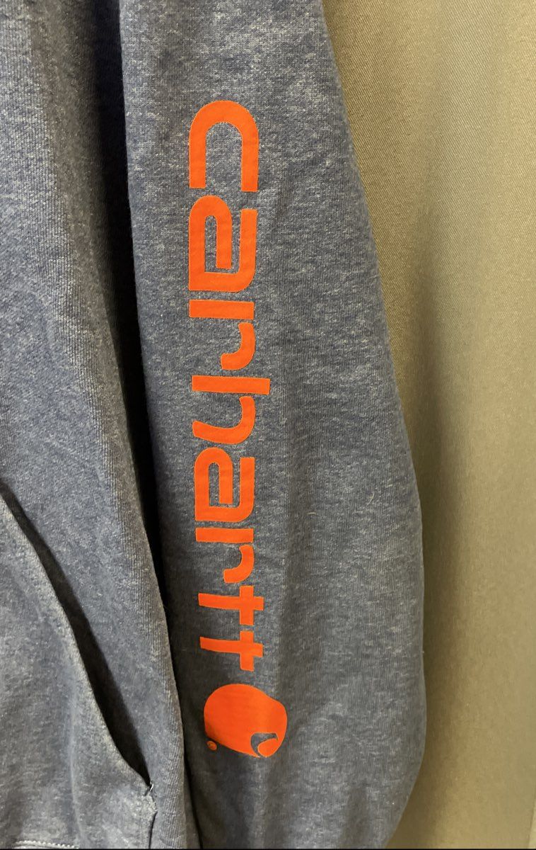 Carhartt Men's Blue Original Fit Pullover Hoodie Orange Sleeve Logo Size L