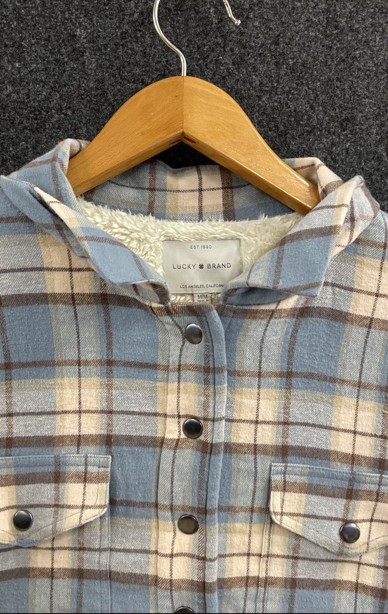 Lucky Brand Women's Blue Plaid Sherpa Lined Hooded Shacket Jacket Sz M