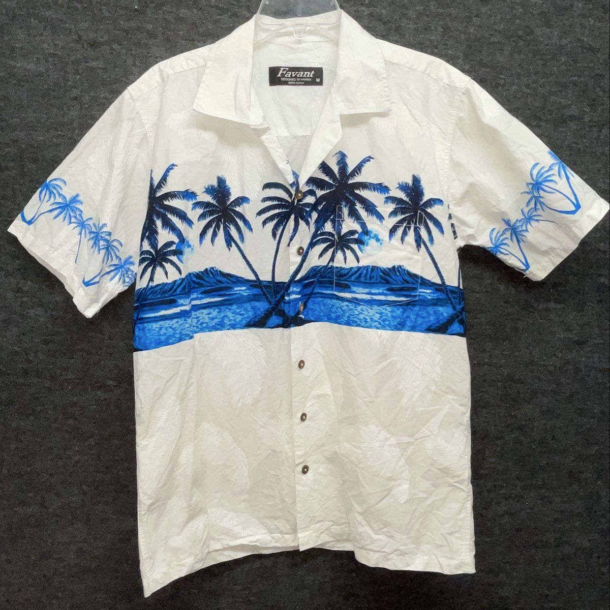 Favant Men's White Blue Tropical Palm Tree Island Cotton Aloha Shirt Sz M