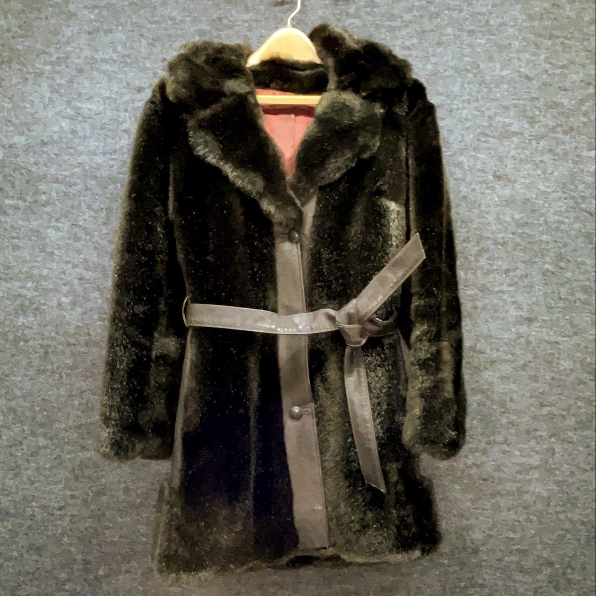 Vintage 80s Women's Dark Brown Faux Fur Belted Button Front Plush Coat Sz 16