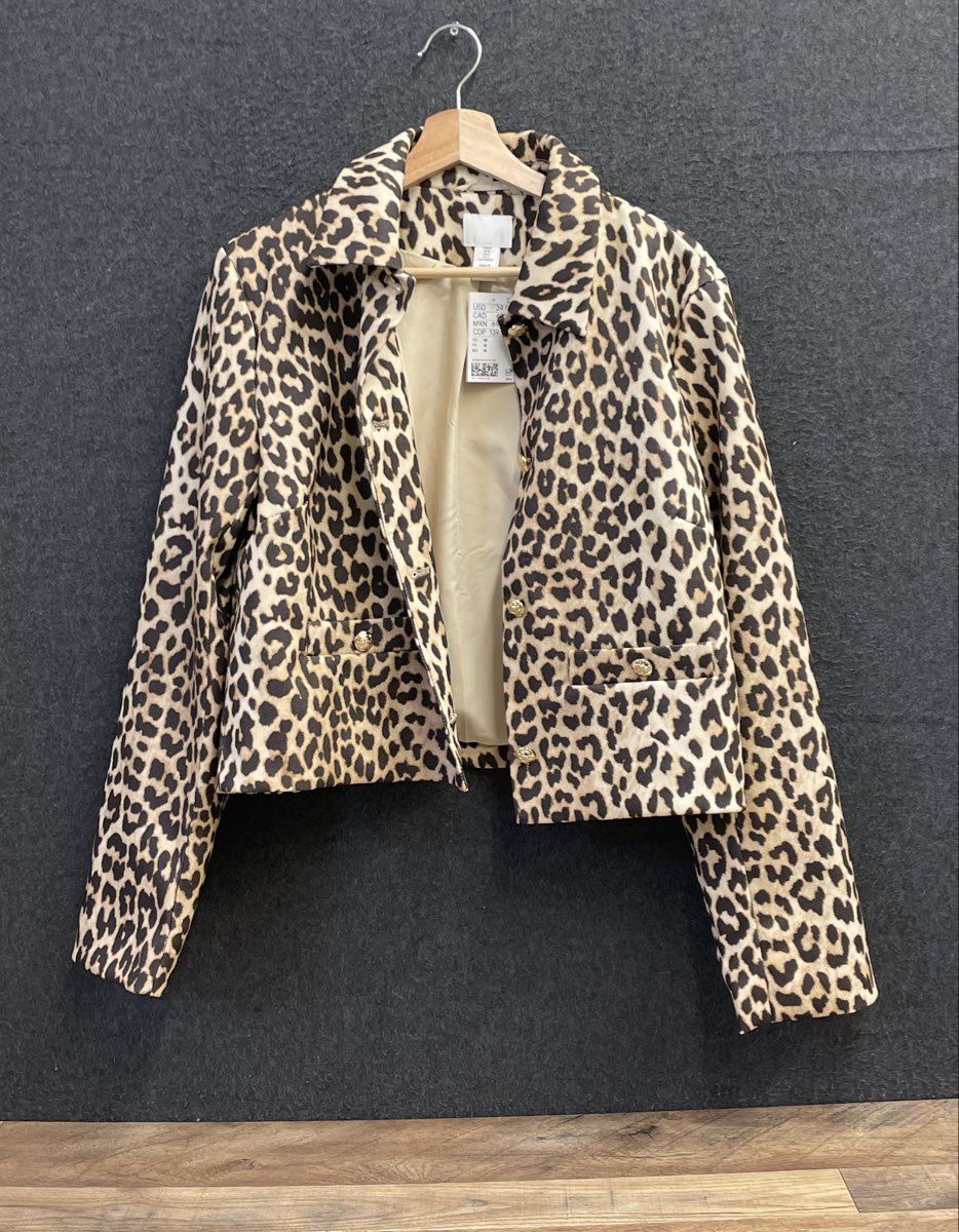 H&M Women's Leopard Print Cropped Jacket Gold Buttons NWT Sz M