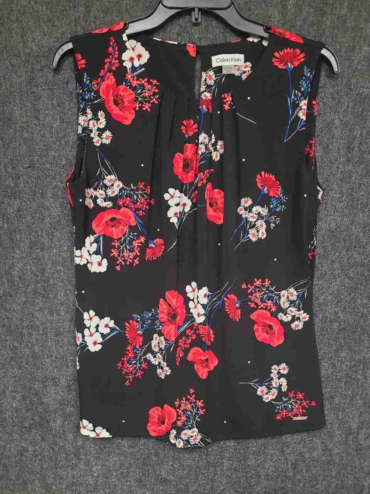 Calvin Klein Women's Black Red Floral Poppy Polka Dot Sleeveless Blouse Sz M