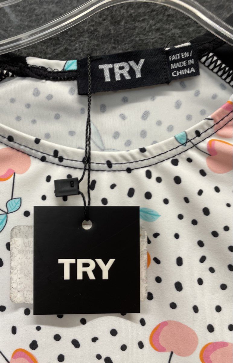 TRY Women's Fruit Print Cover Up Dress White Black Ruffled Cherry NWT Sz 18
