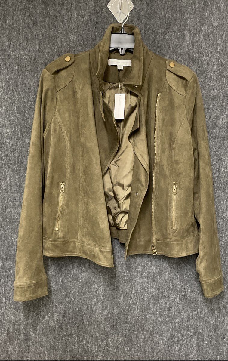 New York & Company Women's Olive Green Faux Suede Moto Jacket Sz L NWT