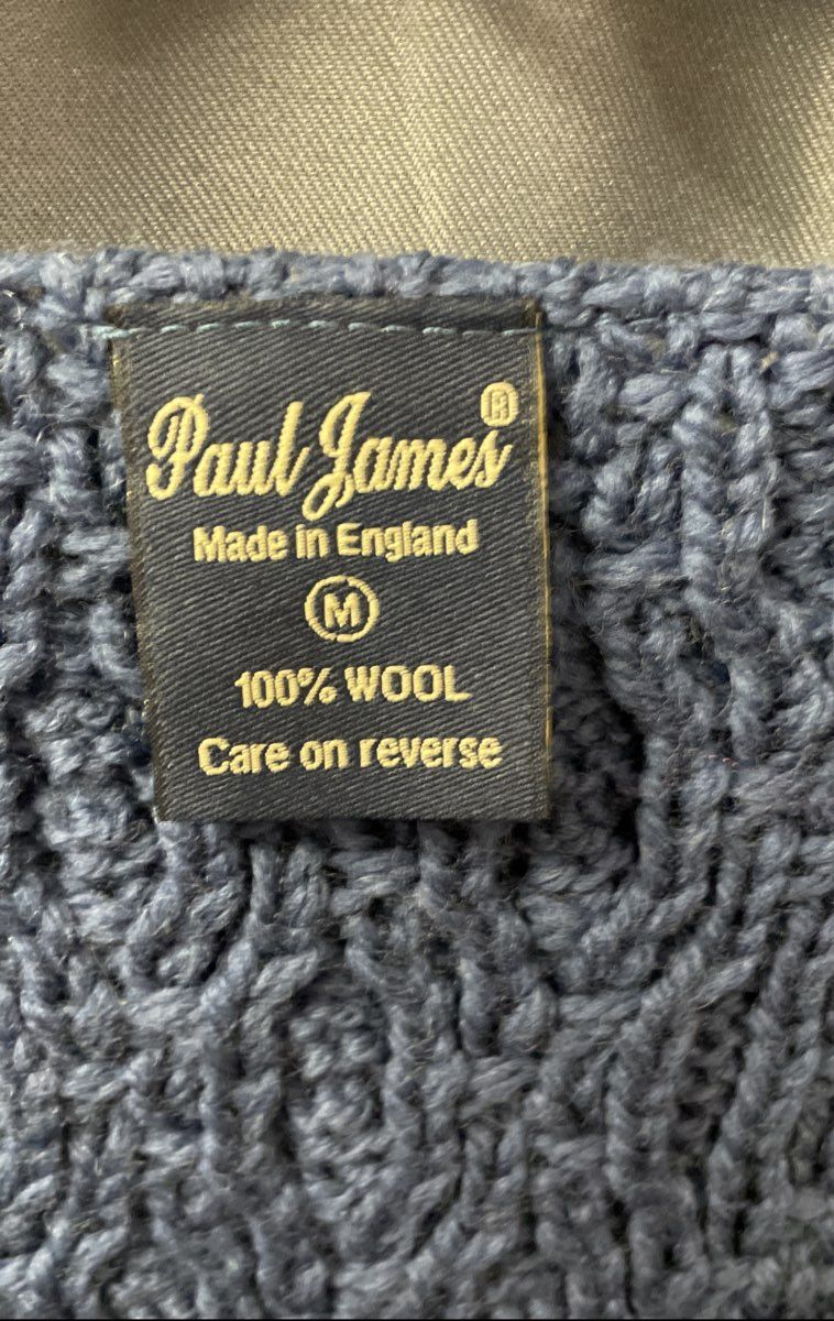 Vintage Paul James Men's Blue Wool Cable Knit V-Neck Sweater England Sz M