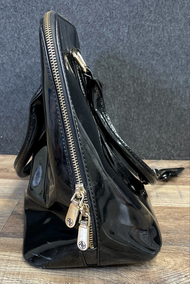 Adrienne Vittadini Black Patent Dome Satchel Bag Gold Tone Hardware
