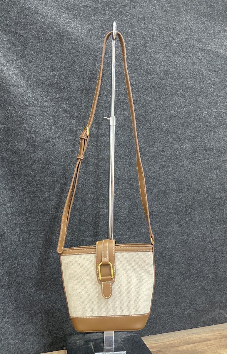 Miztique White Fabric Brown Leather Crossbody Shoulder Bag Gold Tone Hardware