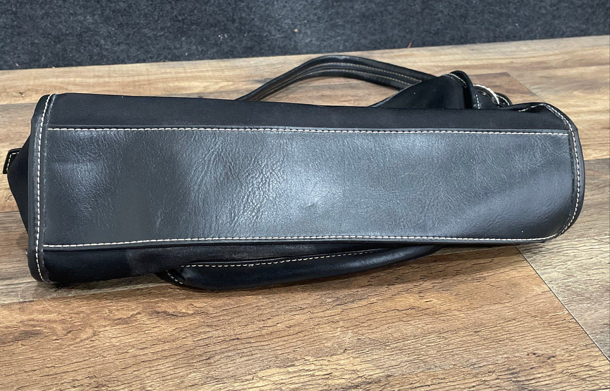 Etienne Aigner Black Canvas Leather Trim Shoulder Bag Silver Logo Hardware