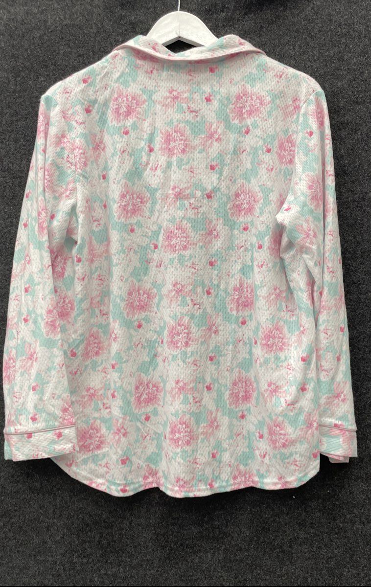 Miss Elaine Women's Pink Mint Floral Honeycomb Knit Pajama Top NWT Size L