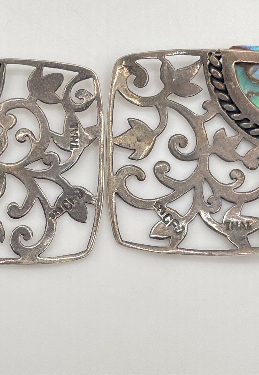 CFJ 925 Sterling Silver Abalone Filigree Dangle Earrings 5.2g