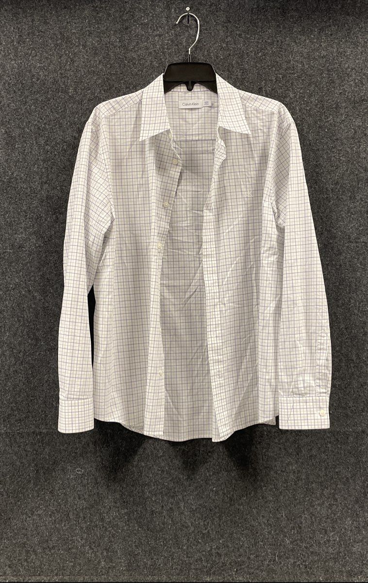 Calvin Klein Men's White Blue Grid Check Long Sleeve Button Down Shirt Sz S