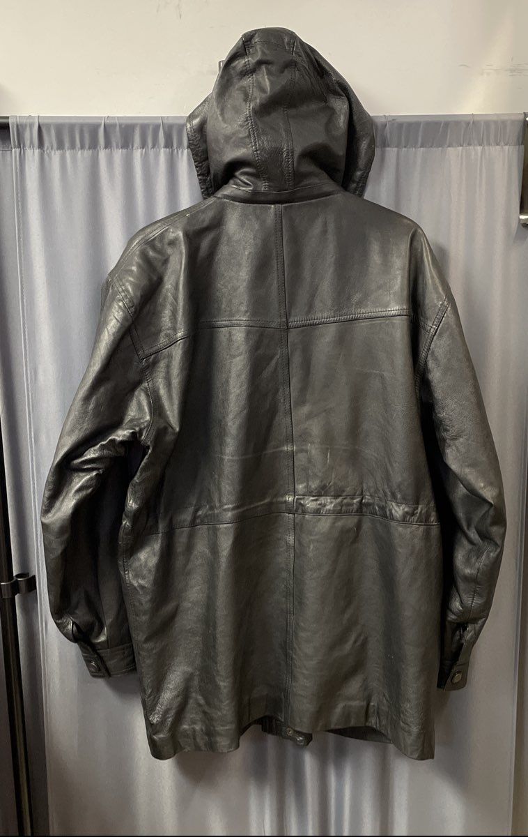 Vintage Oklahoma State Seal Black Leather Hooded Coat Women's Sz L