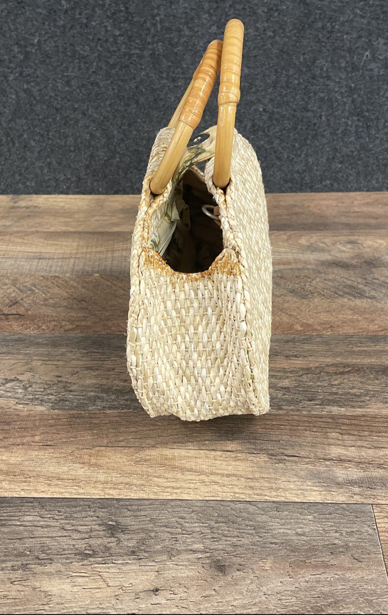 Vintage Fossil Forever Woven Straw Handbag Bamboo Top Handles Postcard Lining