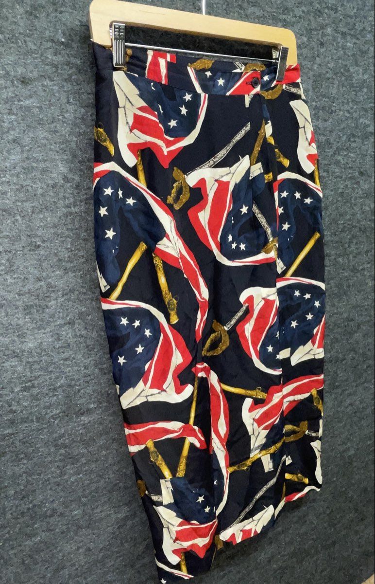 Vintage 90s Jones New York Women's Navy Silk Flag Saber Print Wrap Skirt Sz 10