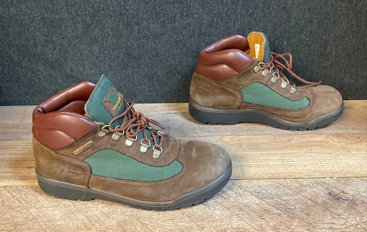 Timberland Field Boots Brown Green Canvas Leather Hiking Mid Top Size 6