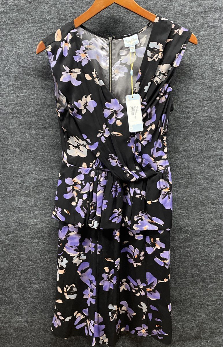 Tracy Reese Women's Surplice Peplum Dress Black Mauve Purple Floral NWT Sz 2