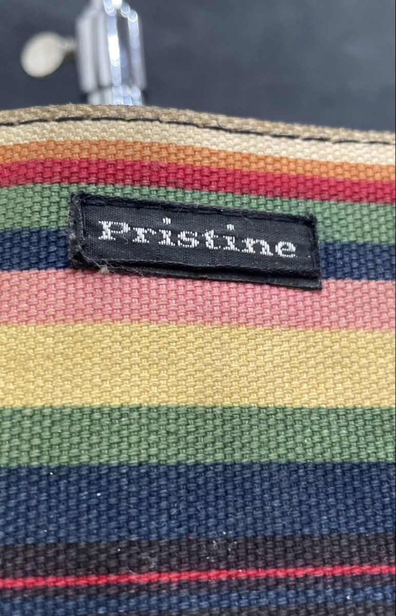 Pristine Multicolored Striped Canvas Tote Handbag Double Handle Footed Base