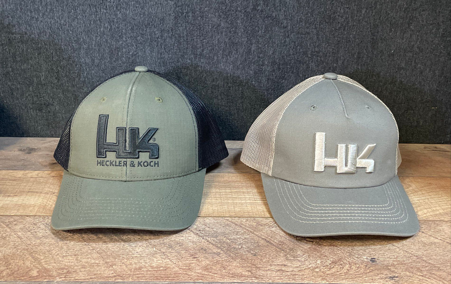 Heckler & Koch Lot of 2 Men's Trucker Hats Olive Tan Mesh Back Snapback OSFM